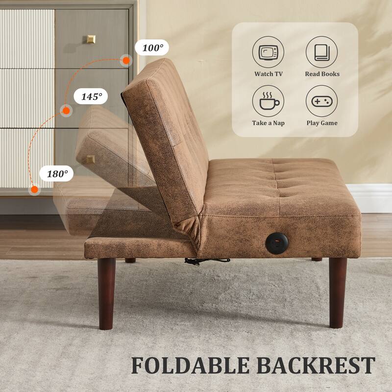 Foldable Sofa Bed with Adjustable Backrest, Charging Port, Coffee Microfiber