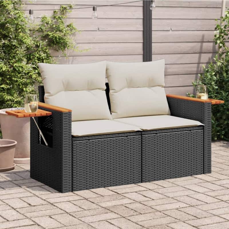 vidaXL Patio Sofa with Cushions Outdoor Seat Sectional Sofa 2-Seater Poly Rattan - 24.4 x 48.8 x 27.2 in - Black and white without storage