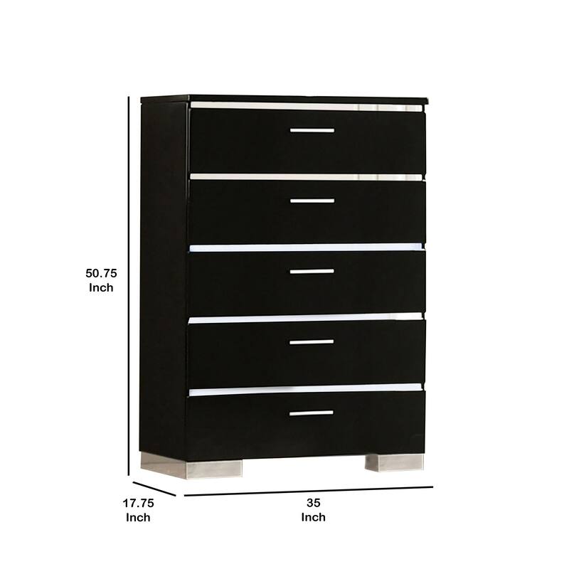High Gloss Lacquer Coated 5 Drawer Chest with Bracket Feet,Black and Chrome