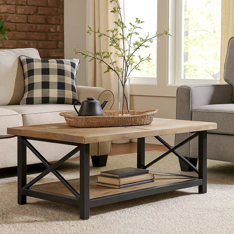 Sten Coffee Table, Rectangular Brown Mango Wood, 46 Inch Black Metal