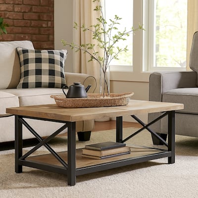 Sten Coffee Table, Rectangular Brown Mango Wood, 46 Inch Black Metal