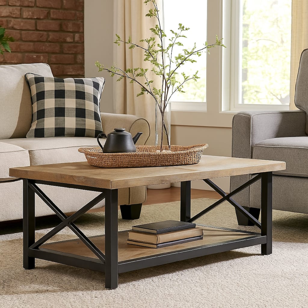 Sten Coffee Table, Rectangular Brown Mango Wood, 46 Inch Black Metal