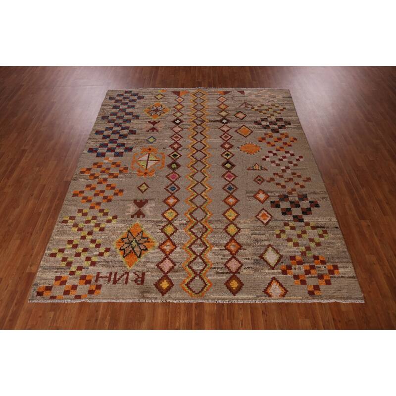 Geometric Brown Moroccan Oriental Area Rug Handmade Wool Carpet - 8'4" x 9'9"