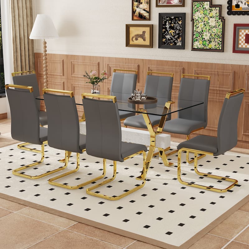 9-Piece Glass Dining Table Set for 8, 71" Rectangular Table with Gold Metal Base, 8 PU Dining Chairs for Kitchen, Dining Room