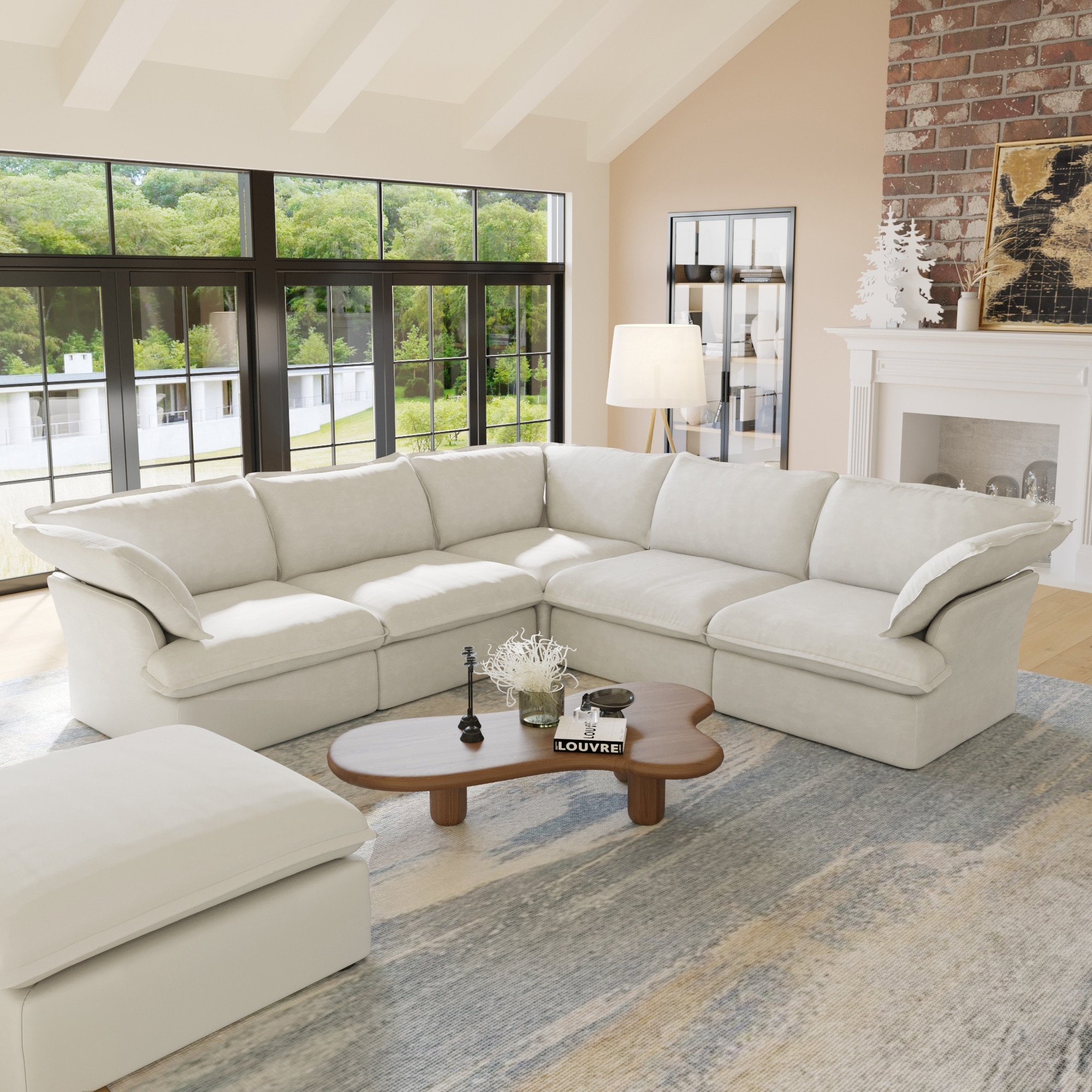 6-Piece Linen Reversible Upholstered Sectional Corner Sofas Padded Armrests For Living Room
