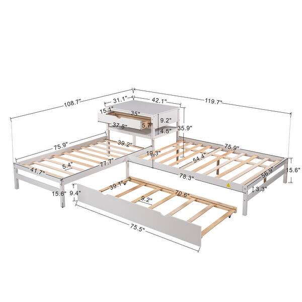 dimension image slide 0 of 3, Full Size L-shaped Platform Beds with Drawers Linked with Built-in Rectangle Table and Twin Size Trundle.