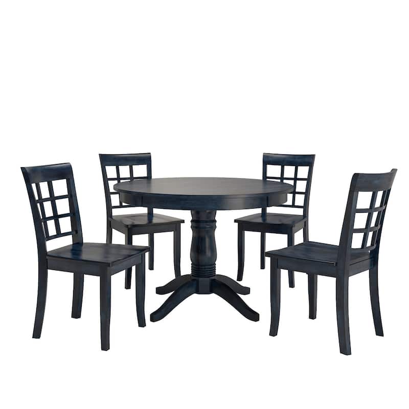 Wilmington II Round Pedestal Base Antique Dark Denim 5-Piece Dining Set by iNSPIRE Q Classic - Window Back Chairs