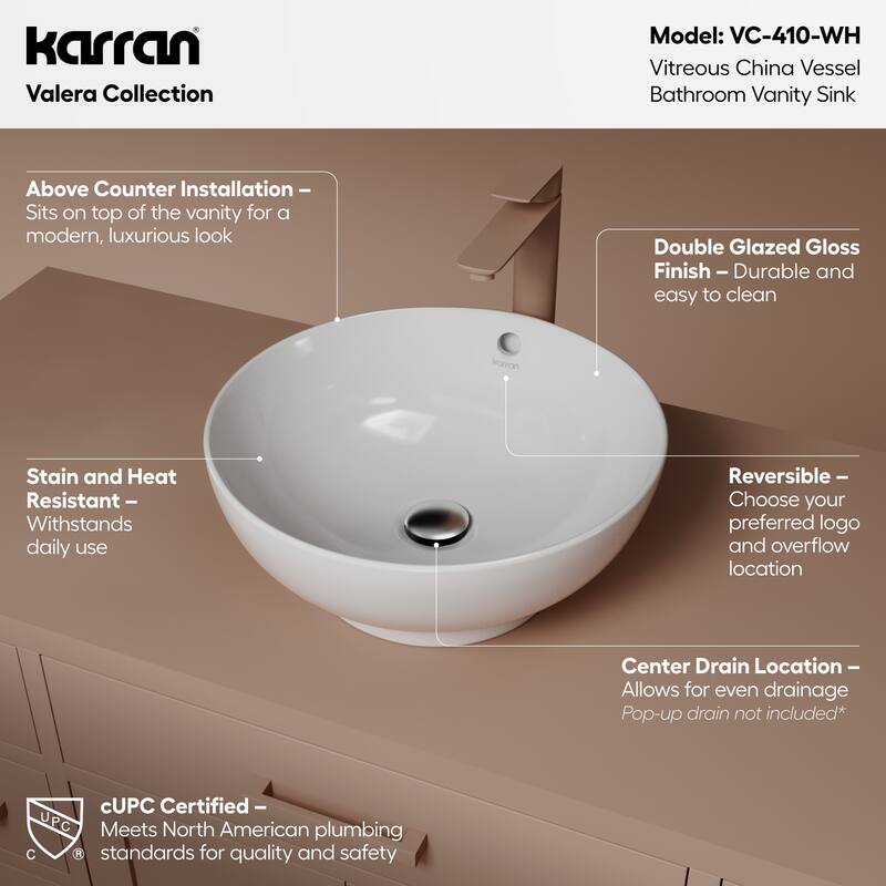 Karran Valera 17" Vitreous China Vessel Bathroom Sink in White with Overflow Drain