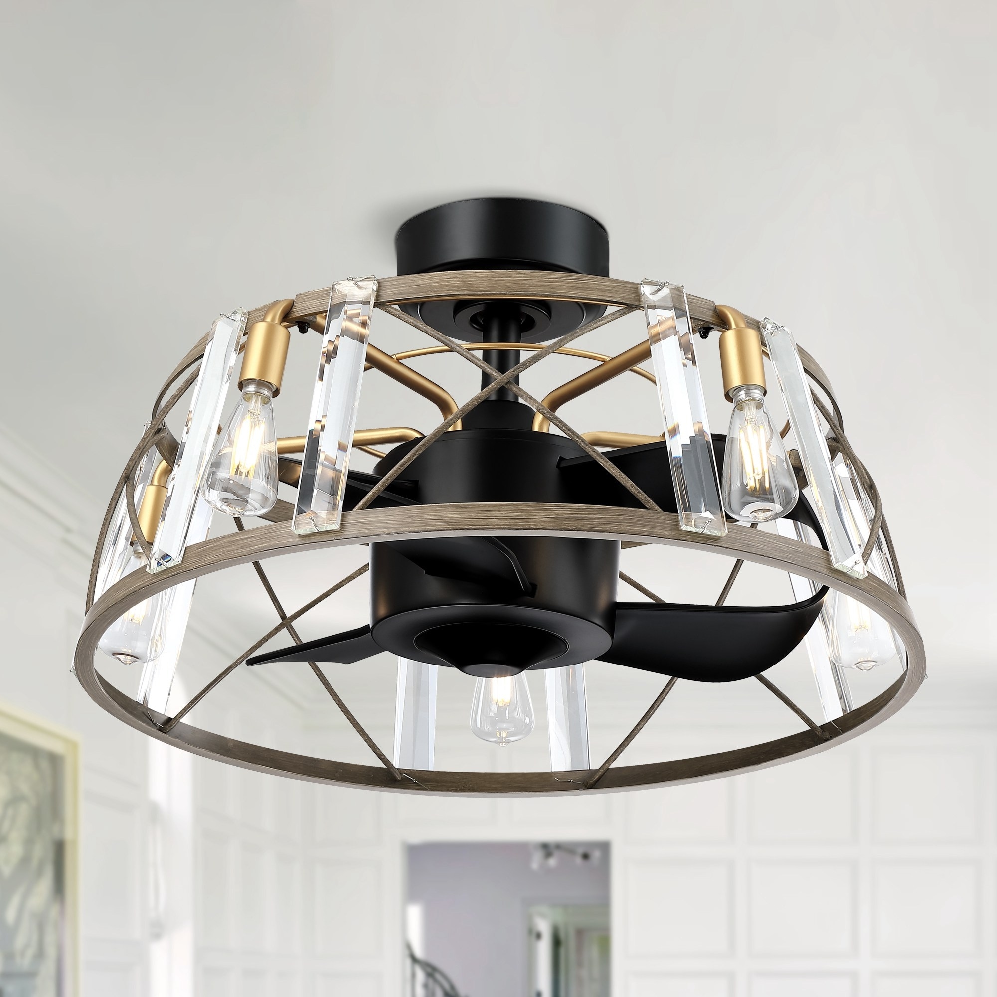 Farmhouse Black 3-Blade Modern Caged Fandelier Ceiling Fan with Remote - 23-in W