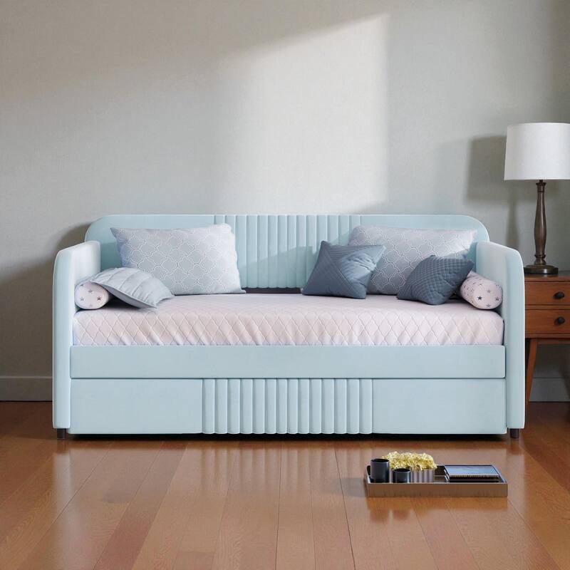Twin Size Upholstered Daybed with Trundle, Velvet Sofa Bed with Wood Slats, Pull-Out Guest Bed for Bedroom or Living Room - Light Blue - Twin