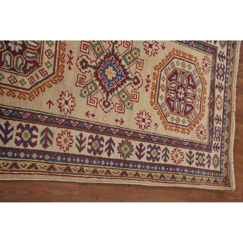 Geometric Kazak Runner Rug Hand-Knotted Yellow Wool Carpet - 2'10" x 13'0"