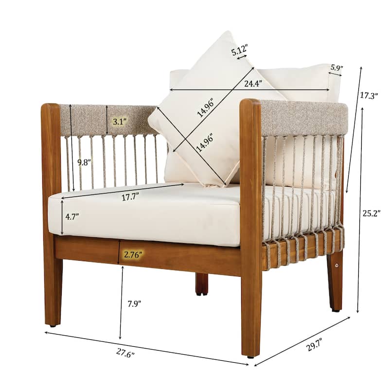 Roomfitters 3-Piece Outdoor Club Chair Set with Acacia Wood Frame, Handwoven Rope Accents, Removable Cushions and Side Table - Beige
