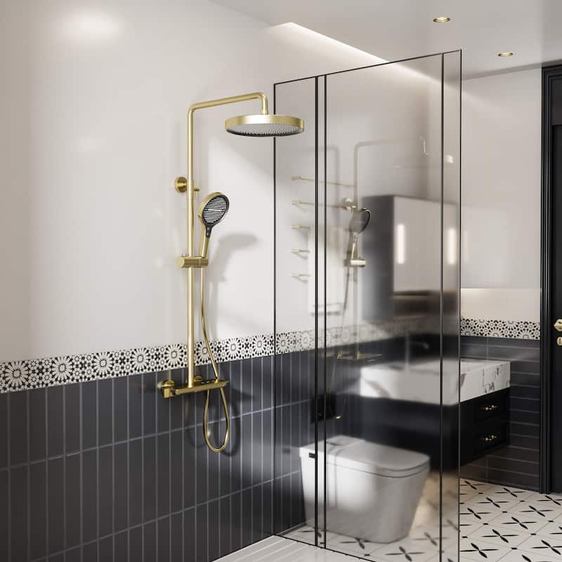 Modland 3-Function 11" Rainfall Shower System, Adjustable Slide Bar, 1.59GPM, Brushed Gold/Chrome - Brushed Gold