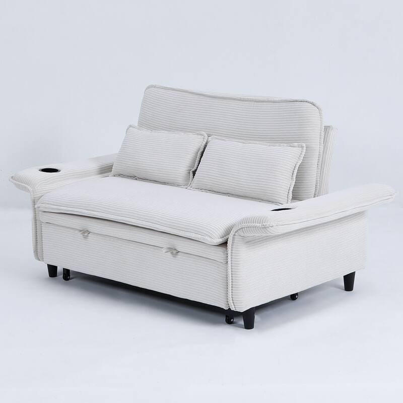 65.74-inch Beige Corduroy Multi-functional Sofa Bed with Adjustable Armrests and Backrests