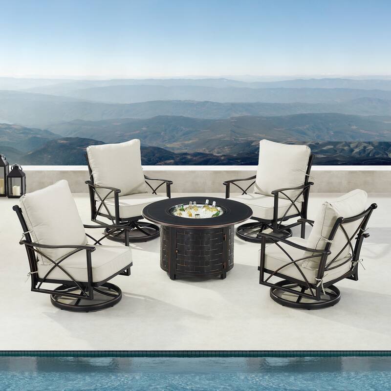 Black Aluminum Fire Table Set with Four Club Chairs