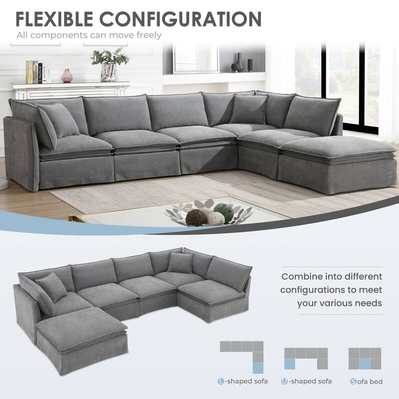 125.5" Chenille Modular 6-Seat Sectional Sofa with Movable Ottoman, Cloud Foam Cushions, and Free Combination Design