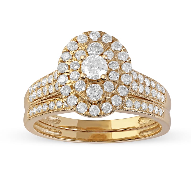 IGI Certified 1ct TDW Diamond Oval Frame Halo Bridal Set in 14K Gold for Women