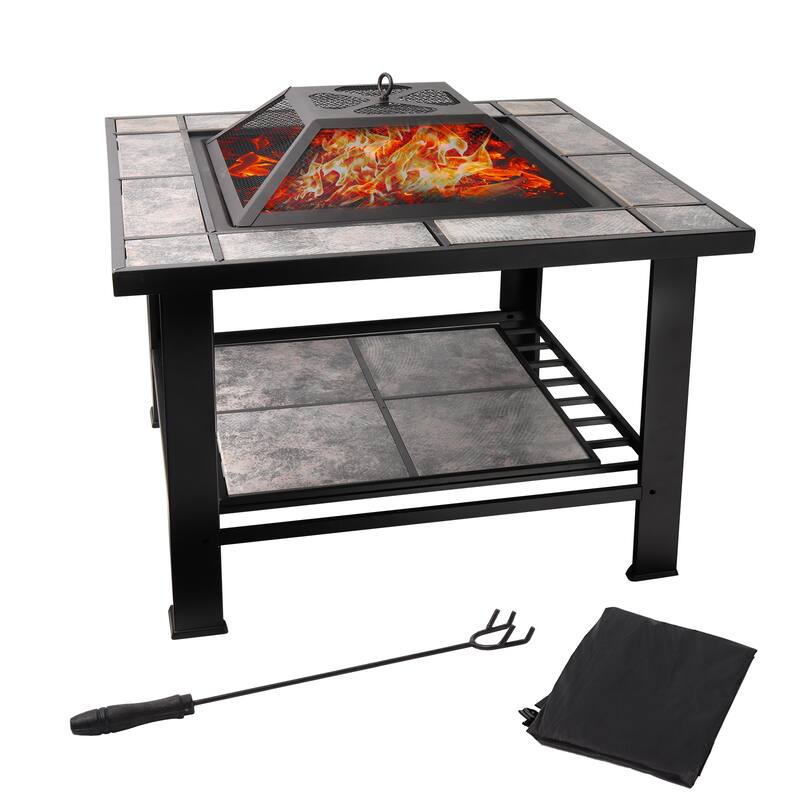 30" Square Fire Pit Table with Marble Tile Top, Outdoor Firepit for Patio & Backyard