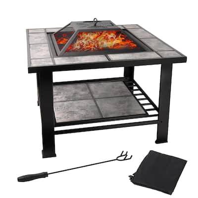 30" Square Fire Pit Table with Marble Tile Top, Outdoor Firepit for Patio & Backyard