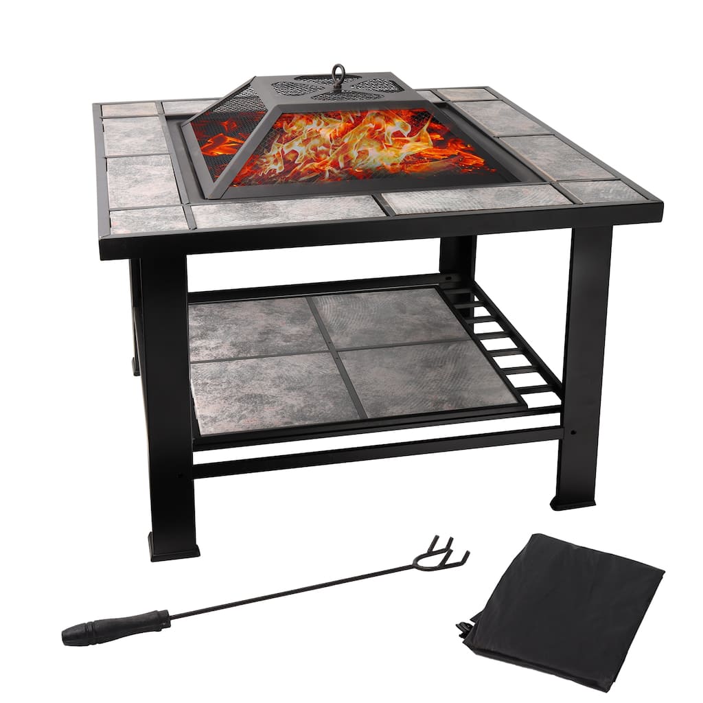 30" Square Fire Pit Table with Marble Tile Top, Outdoor Firepit for Patio & Backyard