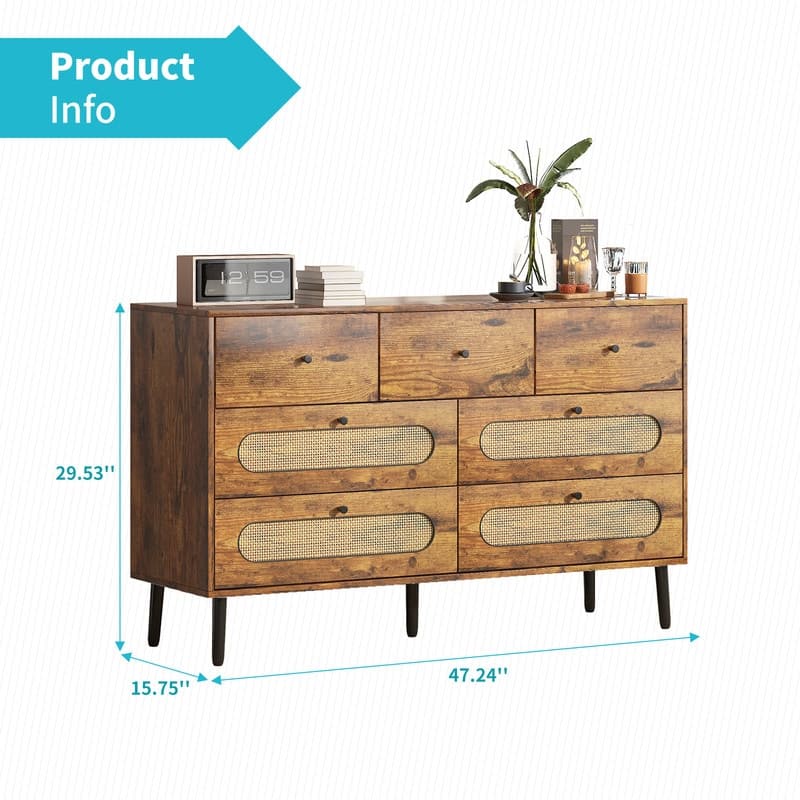 Mixoy Dresser with 7 Drawers,Chest Storage Organizer Units,Modern Wooden Dresser Chest with Rattan Decoration