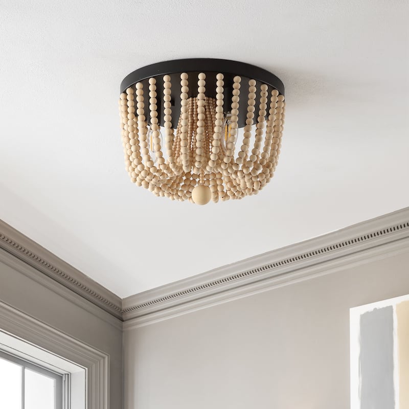 Amelie 13" 3-Light Coastal Farmhouse Iron/Wood Bead LED Flush Mount, Oil Rubbed Bronze by JONATHAN Y - 3 Light