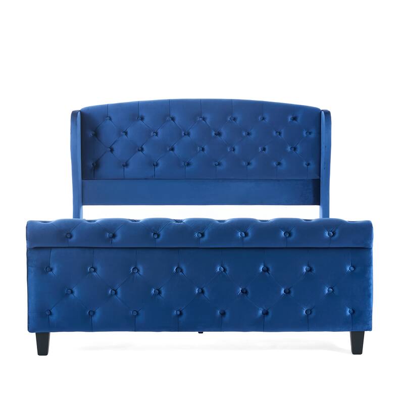 Christopher Knight Home - Amara Traditional Velvet Upholstered Sleigh Bed with Wingback Headboard & Scroll Footboard, Queen Size