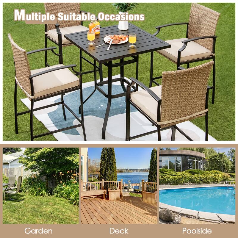 Costway 5PCS Outdoor Bistro Set Rattan Bar Stool Table Set with - See Details