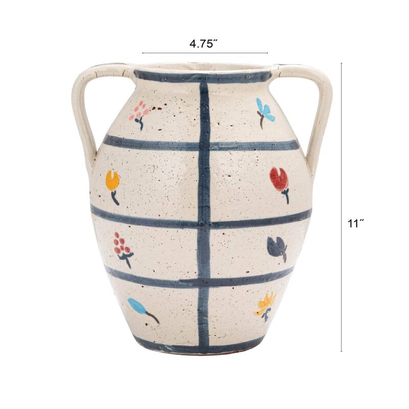 Hand-Painted Terra-cotta Urn with Flowers and Grid Pattern in Crackle Glaze