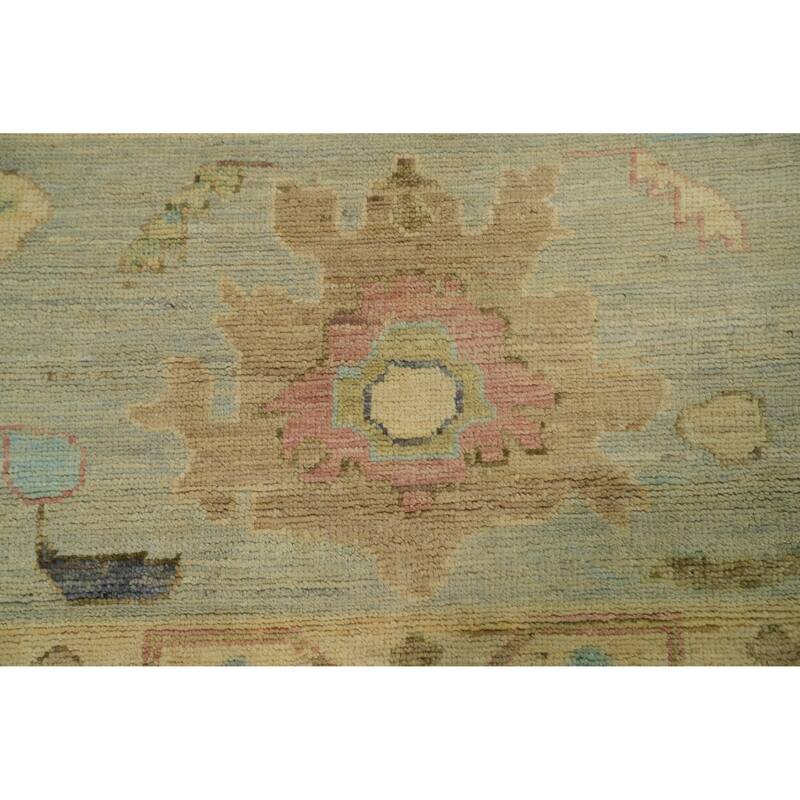 Vegetable Dye Blue Oushak Turkish Area Rug, Floral Geometric Carpet - 12' 0'' X 9' 3''