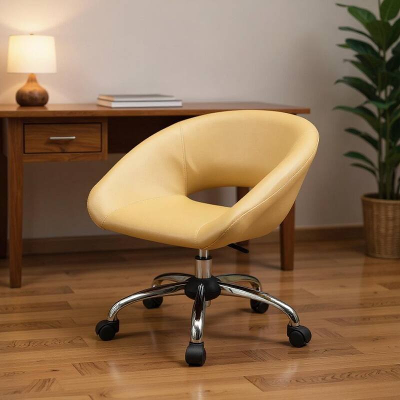 Beige and Silver Faux Leather Adjustable Height Swivel Rolling Office Chair - Beige