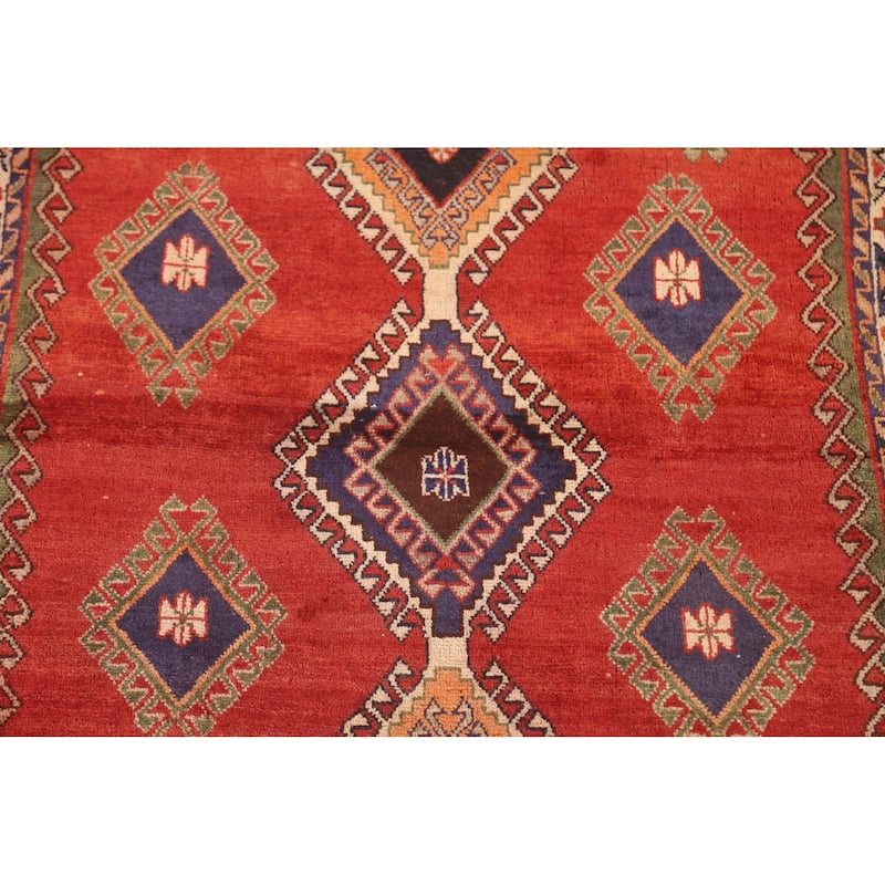 Geometric Shiraz Persian Vintage Accent Rug Hand-Knotted Wool Carpet - 3'4" x 4'11"