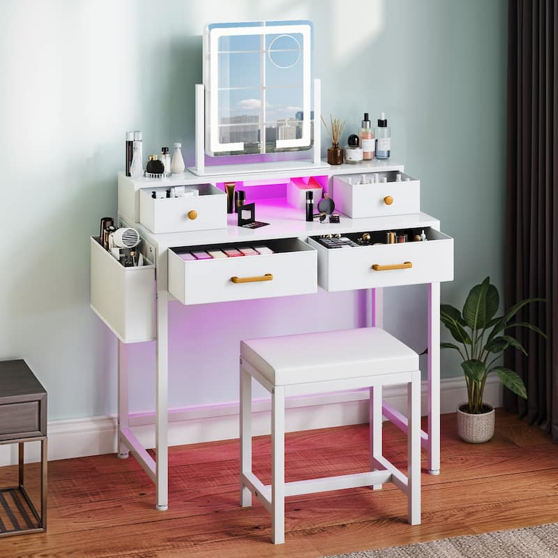 Vanity Desk with Mirror & Lights, Cream White Makeup Table Set with Stool - 31.5''W X 21.5''D X 30''H