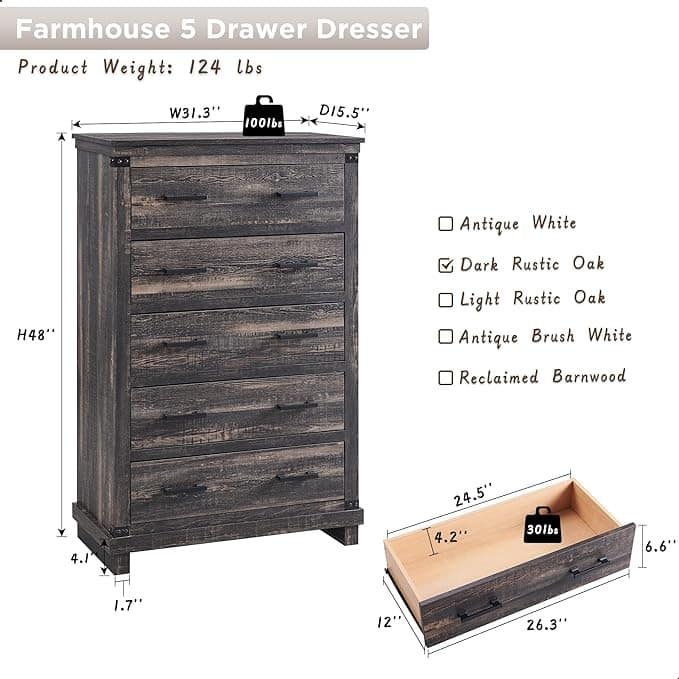 Farmhouse 5 Drawers Dresser, Wood Chest of Drawers, Closet Dresser
