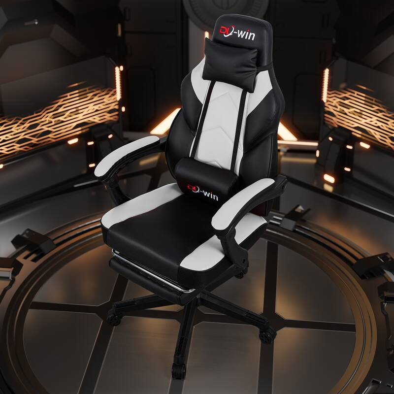 Futzca Gaming Chair PU Leather Office Chair with Headrest, Footrest & Massage Lumbar Support