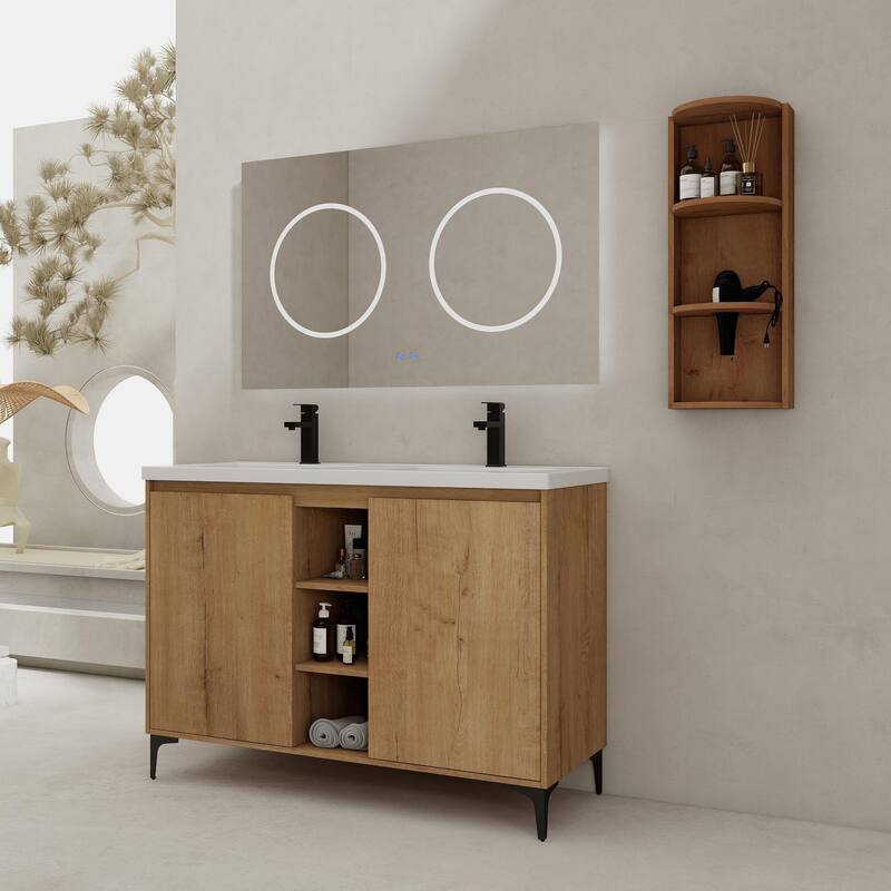 48" Freestanding Bathroom Vanity With Double Sink and Storage Rack, Soft Close Doors - Imitative Oak