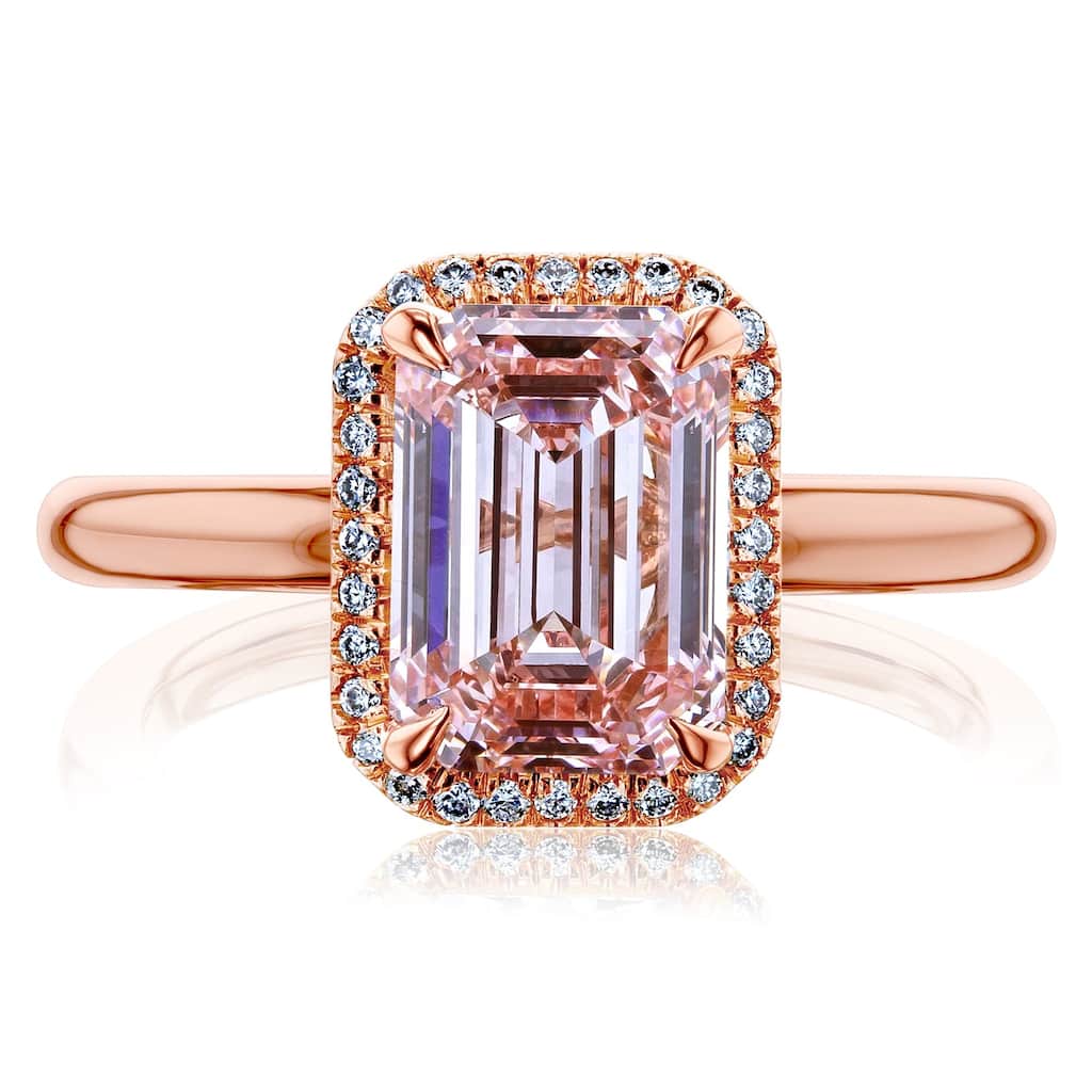 Kobelli 3.23 Carat Lab Fancy Intense Pink Diamond IGI Certified 18k Solid Rose Gold Emerald-cut Halo Comfort Fit Plain Band Ring