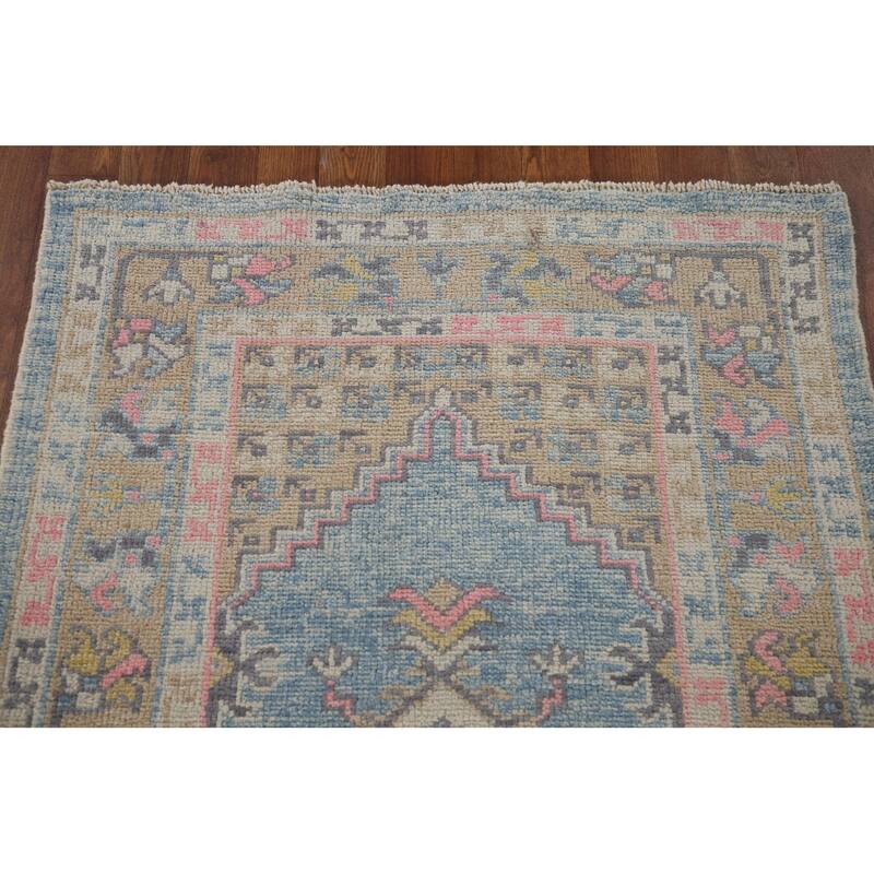 Handmade Vegetable Dye Oushak Turkish Runner Rug Blue Wool Carpet - 3'1"x 11'3"