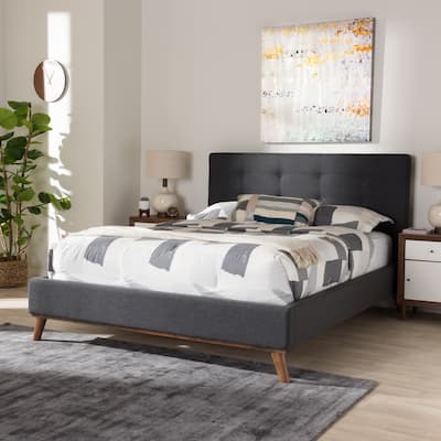 Queen Size Platform Bed - Dark Grey Fabric Bed Frame - Modern Minimalist Design