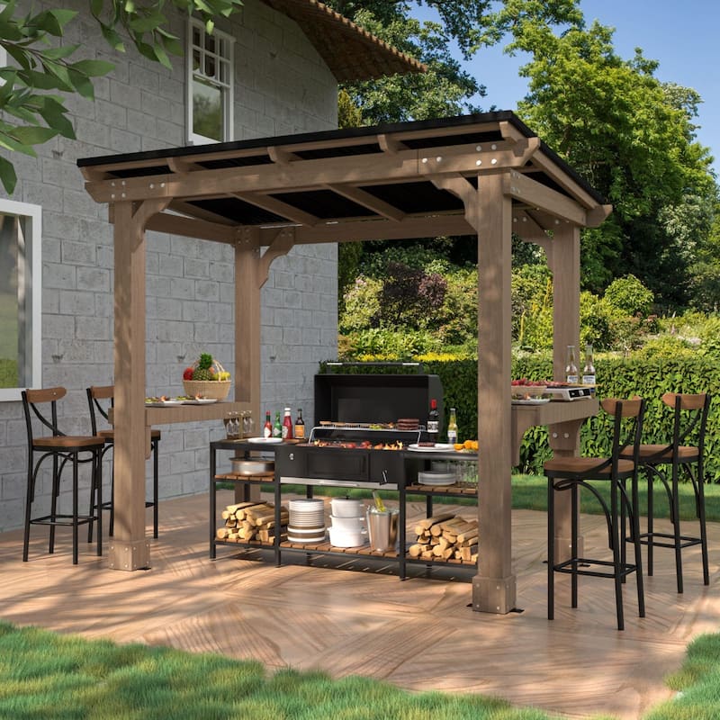 VEIKOUS Wood BBQ Grill Gazebo with Steel Roof for Patio Garden Backyard and Lawn - 5'×8'