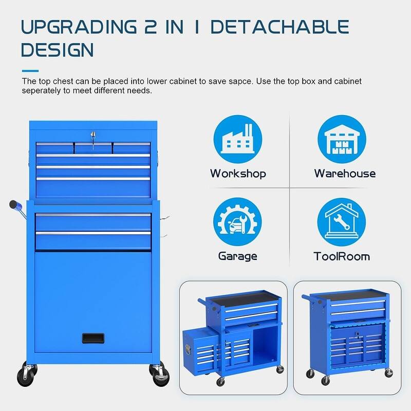 2 in 1 Rolling Tool Chest with Lock Tool Box Garage Storage Cabinet