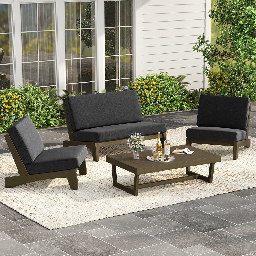 4 Piece Outdoor Wood Loveseat Chair Conversation Set with Cushion