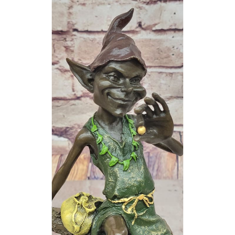 Bronze Elf Leprechaun Sitting On Tree Stump Fantasy Sculpture With Marble Base