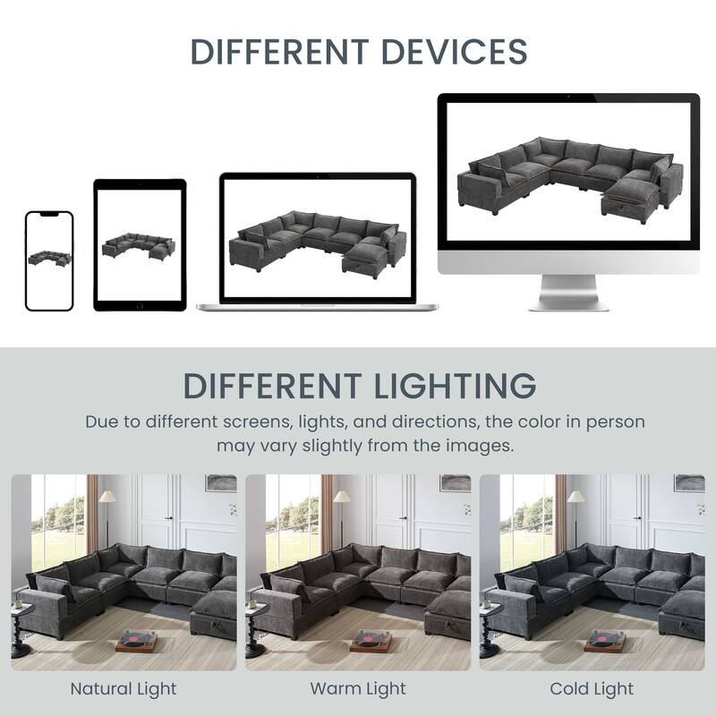 U Shaped Modular Sectional Sofa with Movable Storage Ottoman, Comfy Chenille Deep Seat Cloud Couch, Oversized 7 Seat Corner Sofa