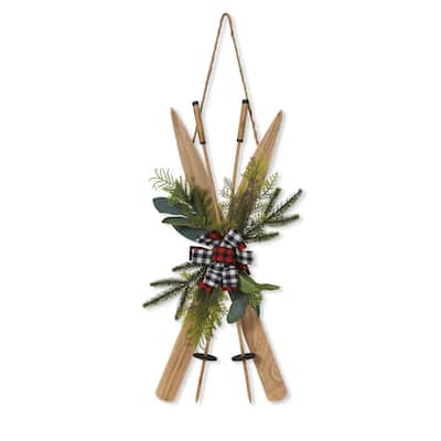 26 in Wood Ski Wall Hanging with Floral and Fabric Bow Accent - N/A