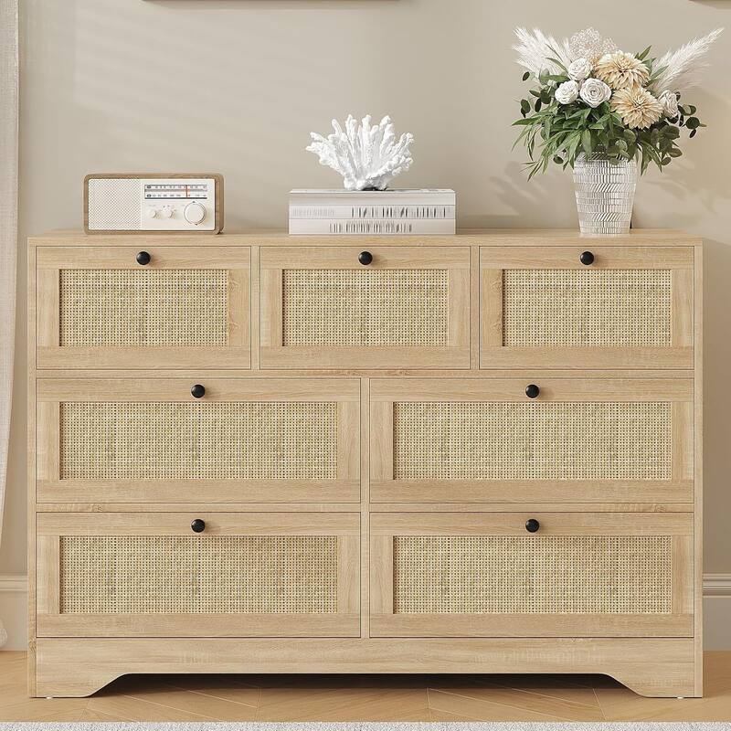 Farmhouse Rattan 7 Drawer Dresser Storage Organizer for Bedroom, Living Room - Almond