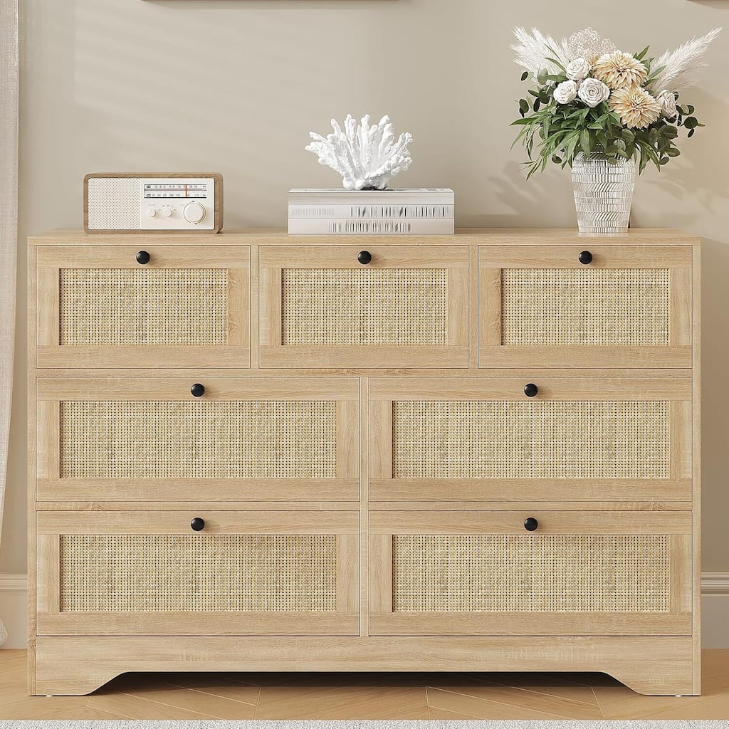 Farmhouse Rattan 7 Drawer Dresser Storage Organizer for Bedroom, Living Room