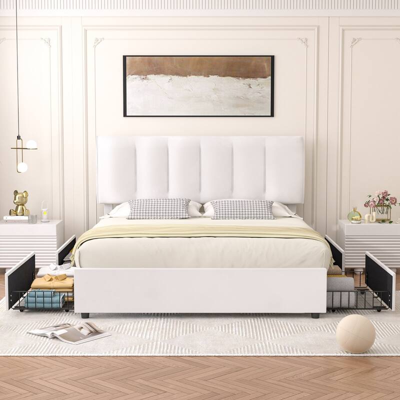 VECELO Bed Frame with 4 Storage Drawers, Upholstered Platform Bed Frame with Adjustable Headboard - White - Full