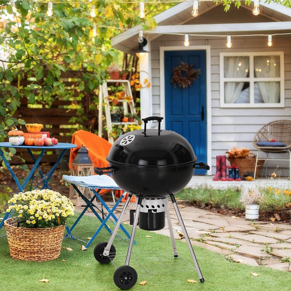 22" Kettle Enamel Charcoal Patio Grill with Built-in Thermometer