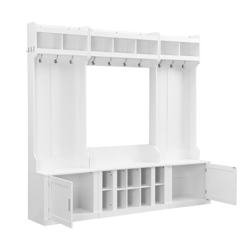 Roomfitters Wide Hall Tree with Storage Bench, 4-in-1 Entryway Organizer with Coat Rack, Shoe Cubbies and Shelves for Hallway